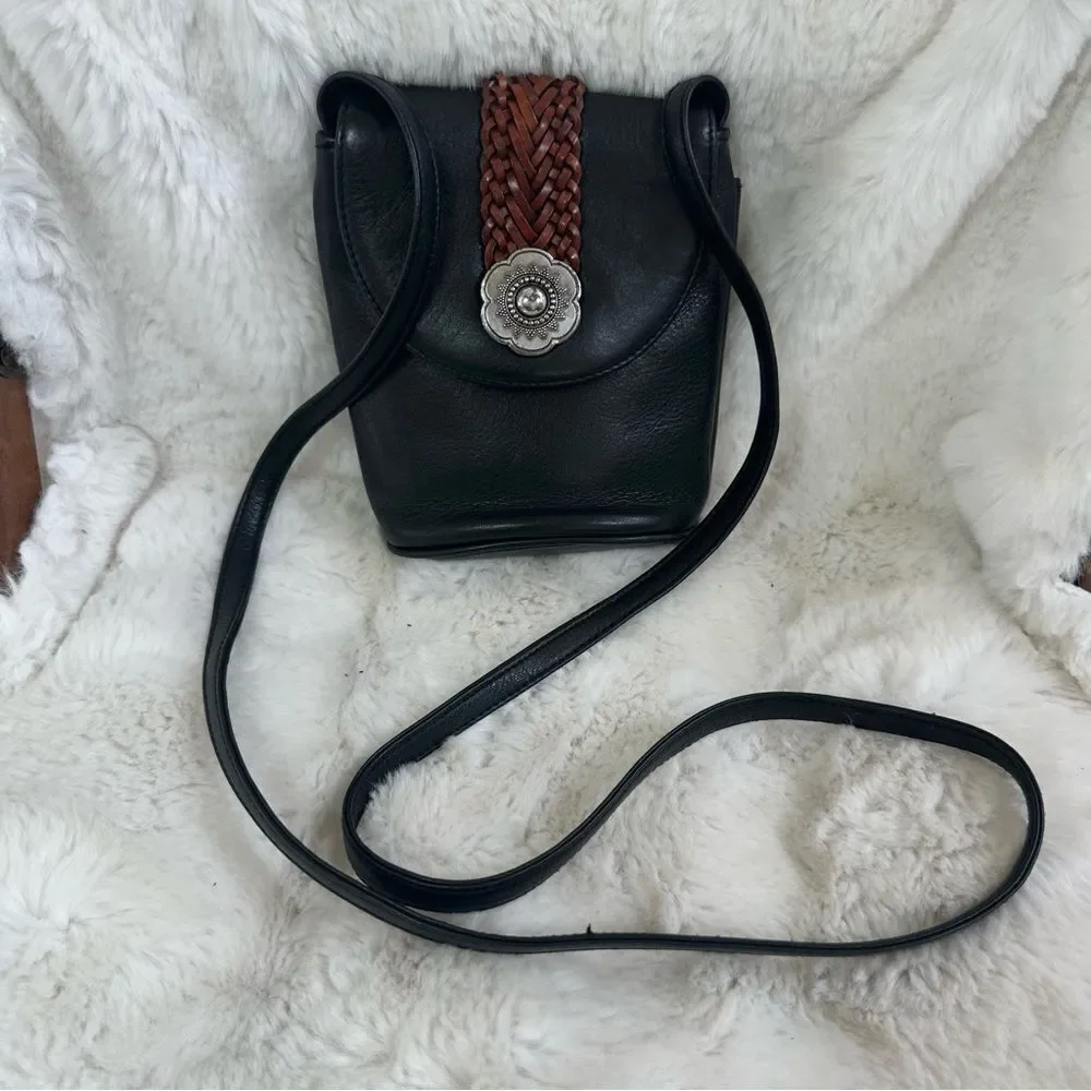 Vintage Brighton Black Brown Leather Flower Adorn Saddle Bucket Crossbody Bag